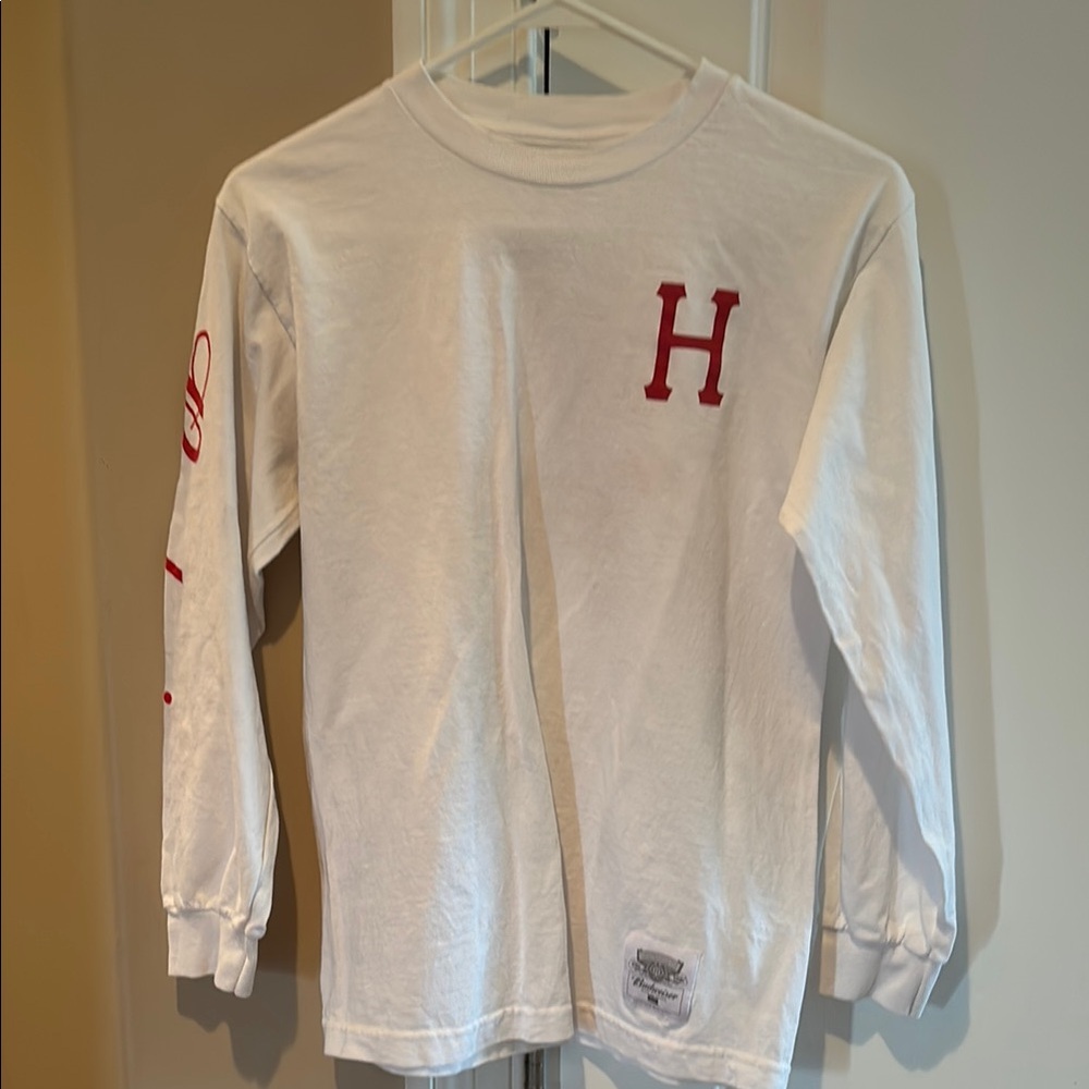 HUF Budweiser Red and White Long Sleeve Tee with Bold Design
